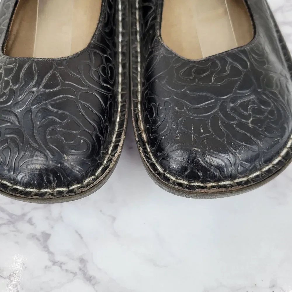 Alegria Paloma Black Rose Embossed Mary Jane Shoes Leather Women's Euro Size 39 - Picture 5 of 12